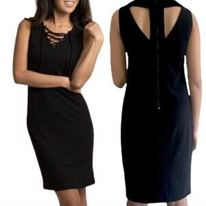 Bisou Bisou Black Dress Career Womens Size 8 Lace Up Strappy V Neck Cutout Back
